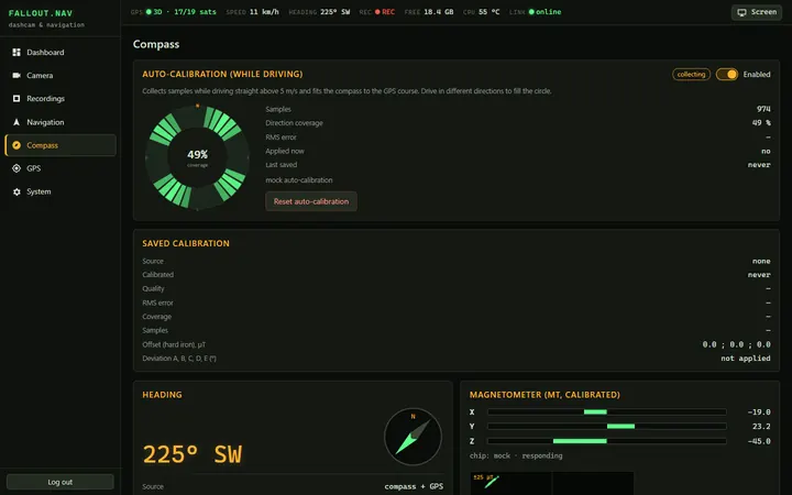 Web UI compass page with the auto-calibration coverage ring