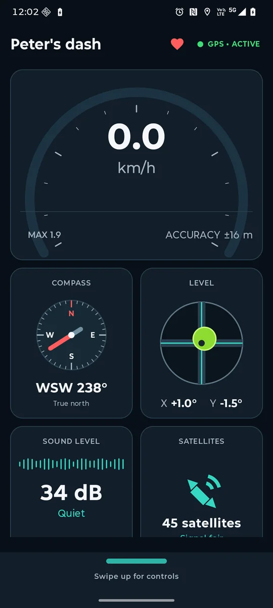 A local, privacy-first dashboard for GPS speed, compass, level and estimated sound.